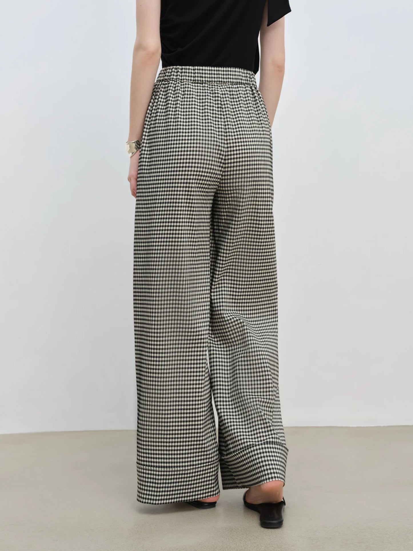 Gingham Elastic Wide Leg Pants