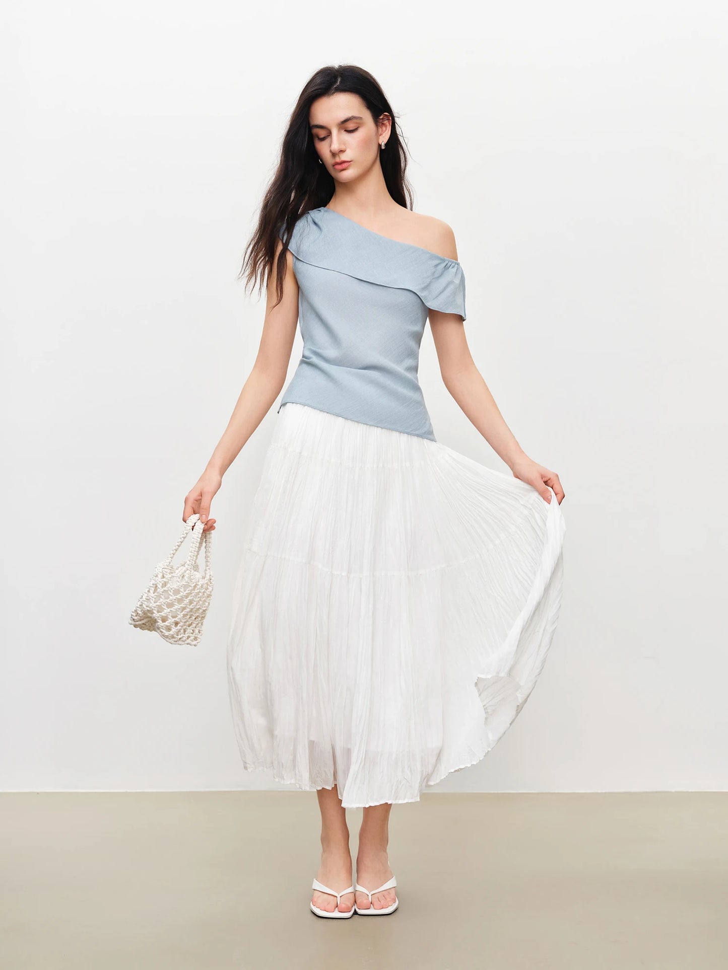 Pale Blue Asymmetric Ruffle Blouse