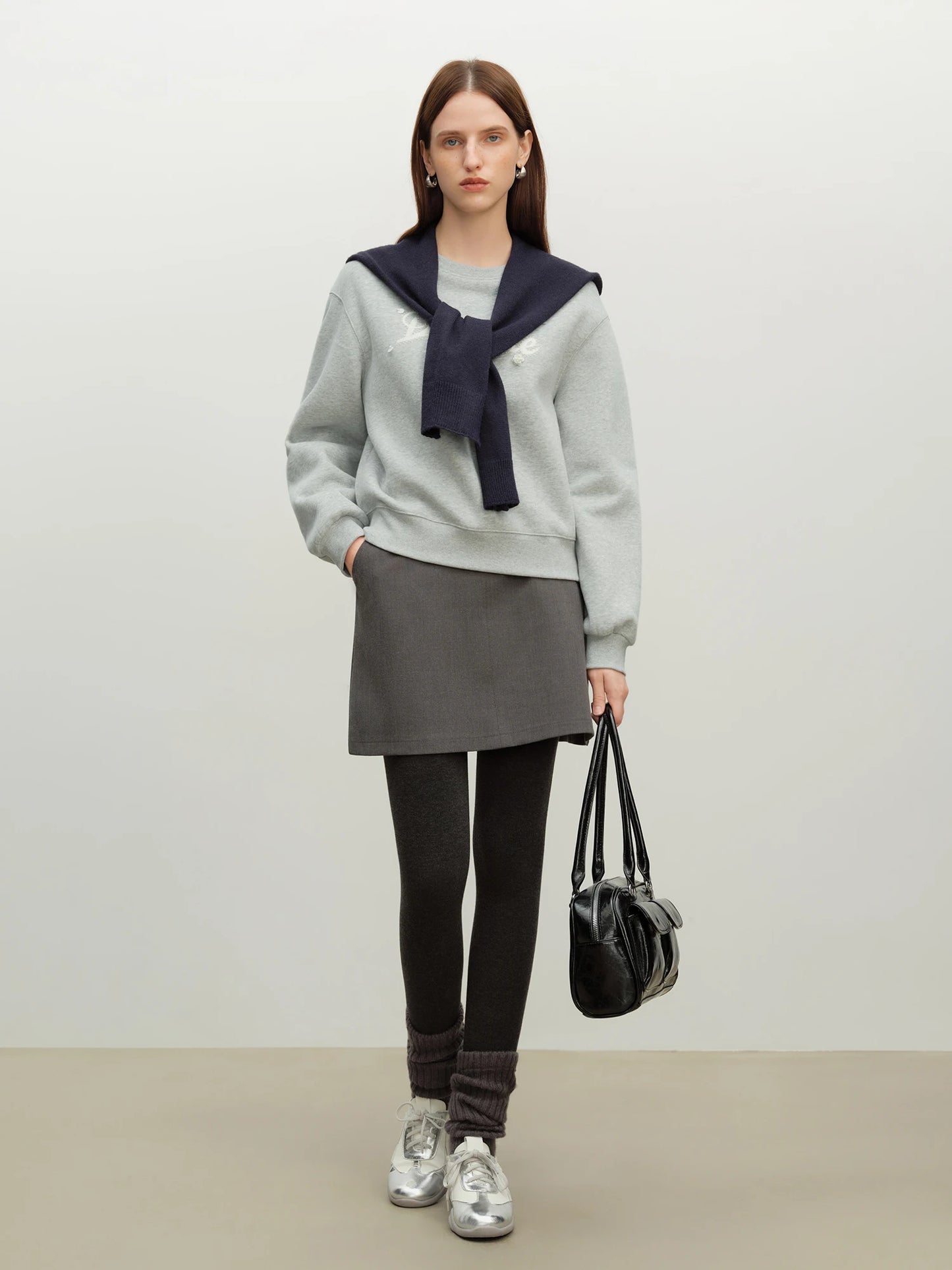 Gray Embroidered Crew Neck Sweatshirt