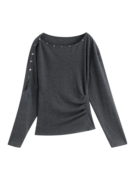 Charcoal Button Boat Neck Top