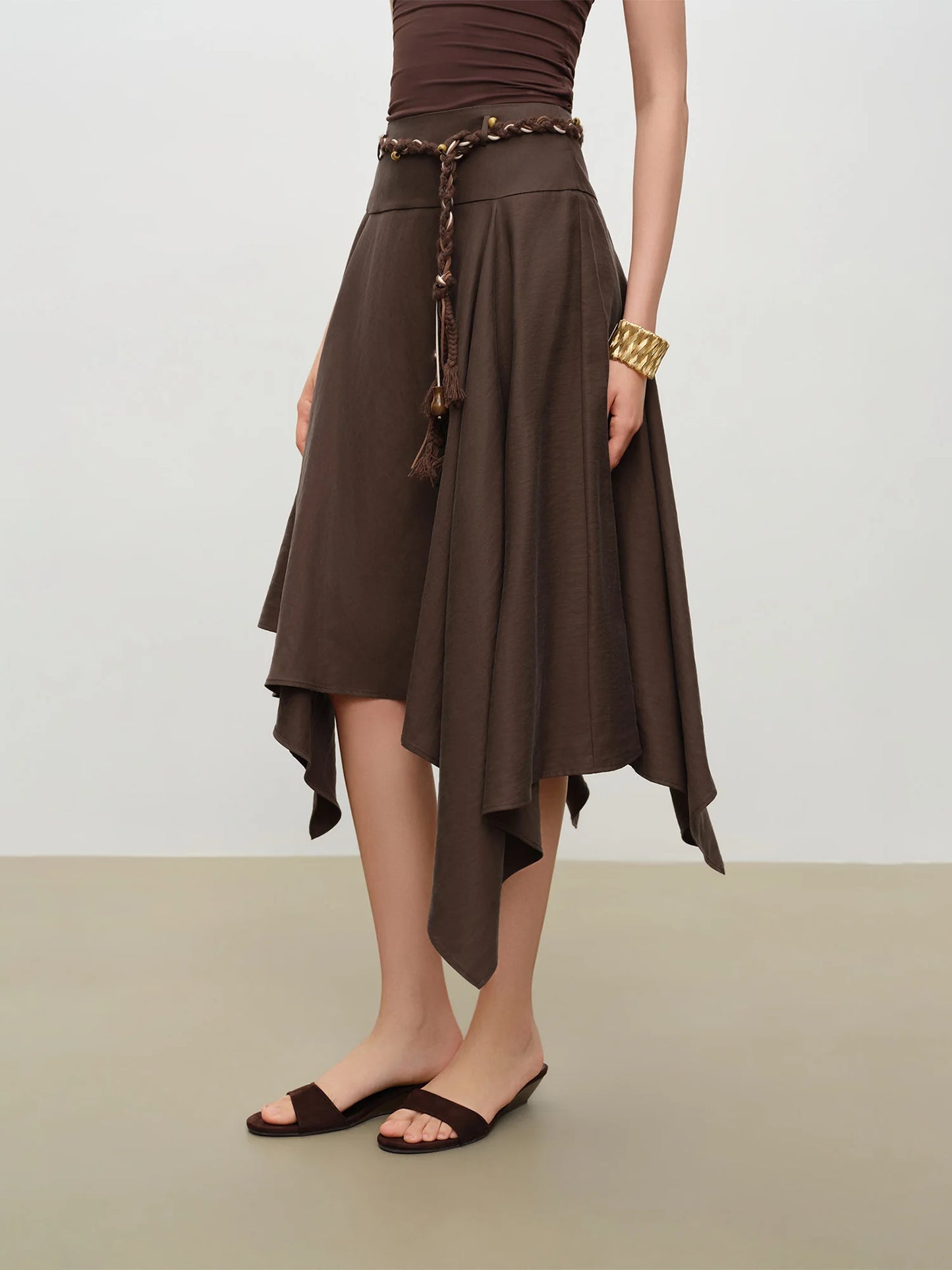 Draped Asymmetric A-Line Midi Skirt