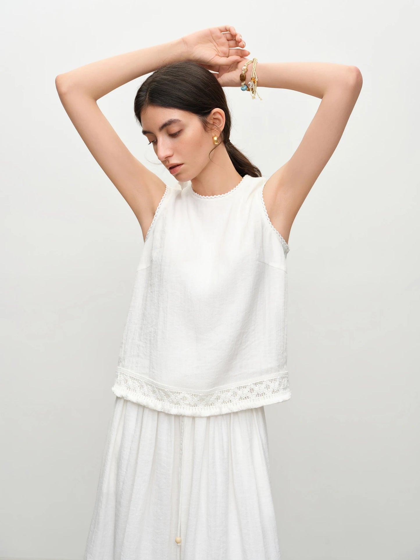 White O-Neck Midi Skirt Set