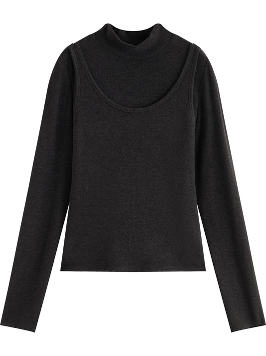 Black Layered Mock Neck Knit Top