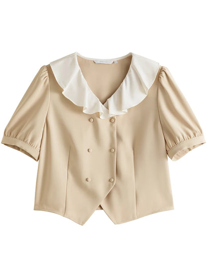 Beige Ruffle Collar Chiffon Blouse