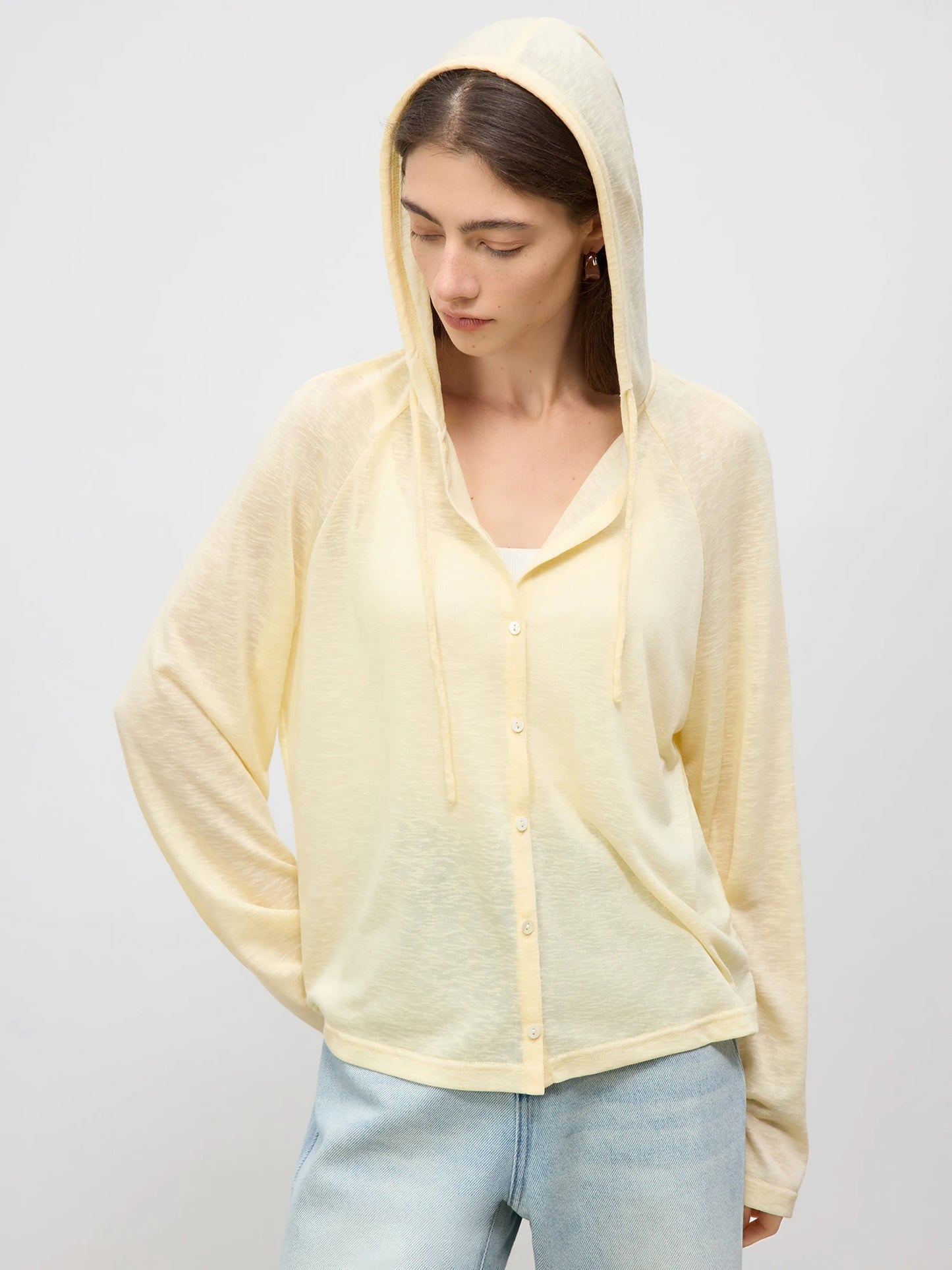 Pale Yellow Hooded Knit Cardigan