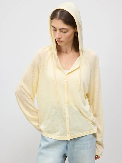 Pale Yellow Hooded Knit Cardigan