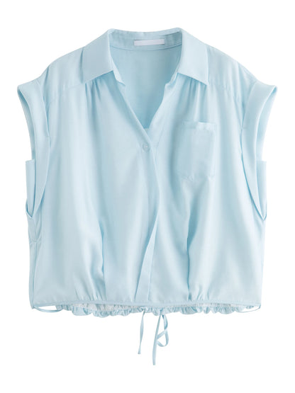 Pale Blue Tie Hem Sleeveless Shirt