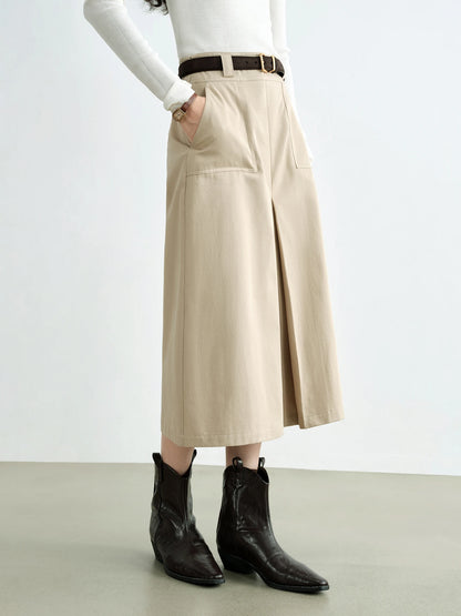 Beige Pocket A-Line Midi Skirt