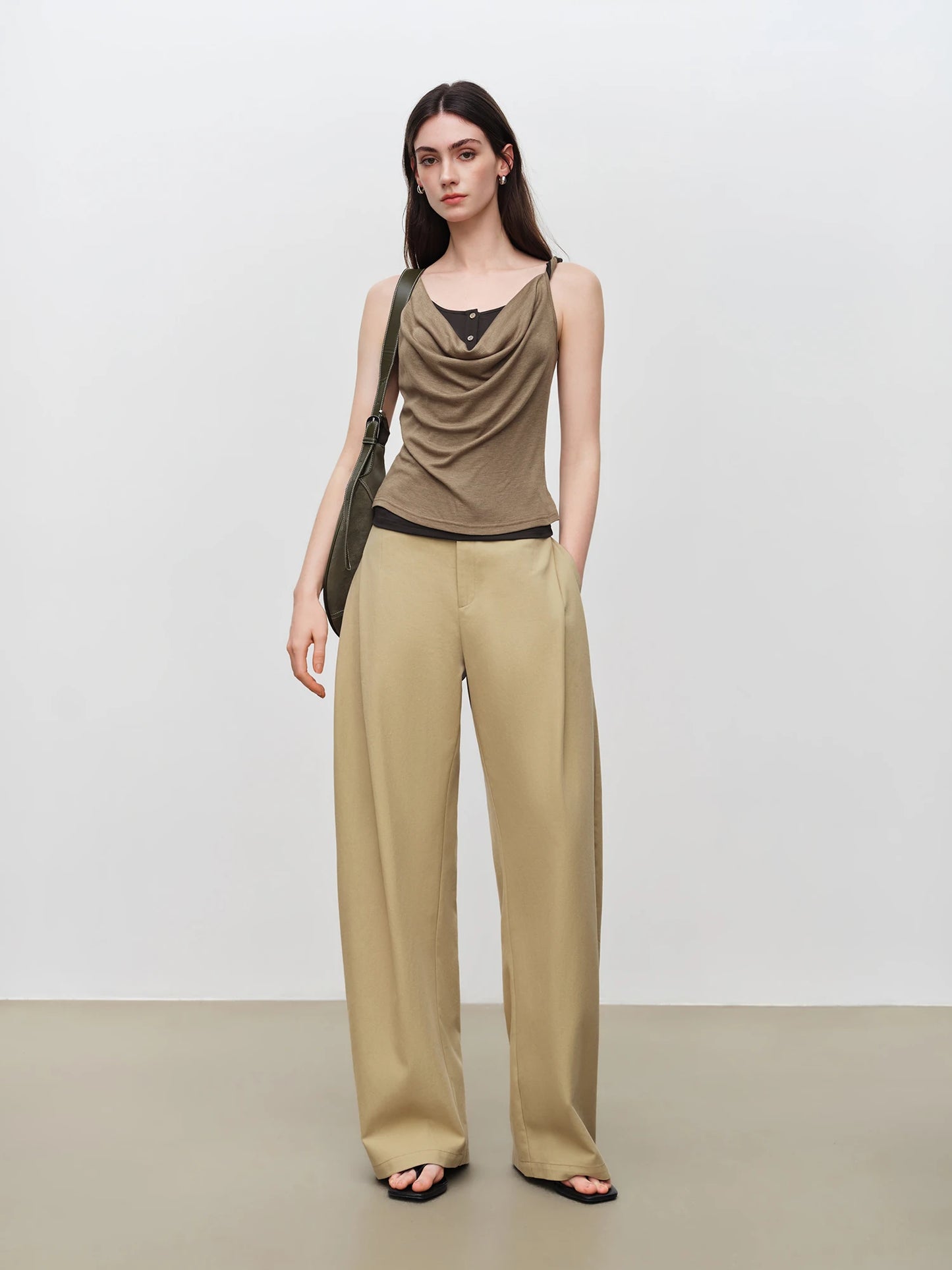 Taupe Pleated Straight Leg Trousers