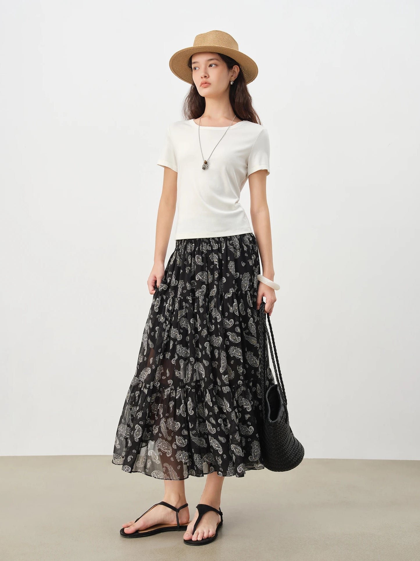 Paisley Chiffon Tiered Midi Skirt