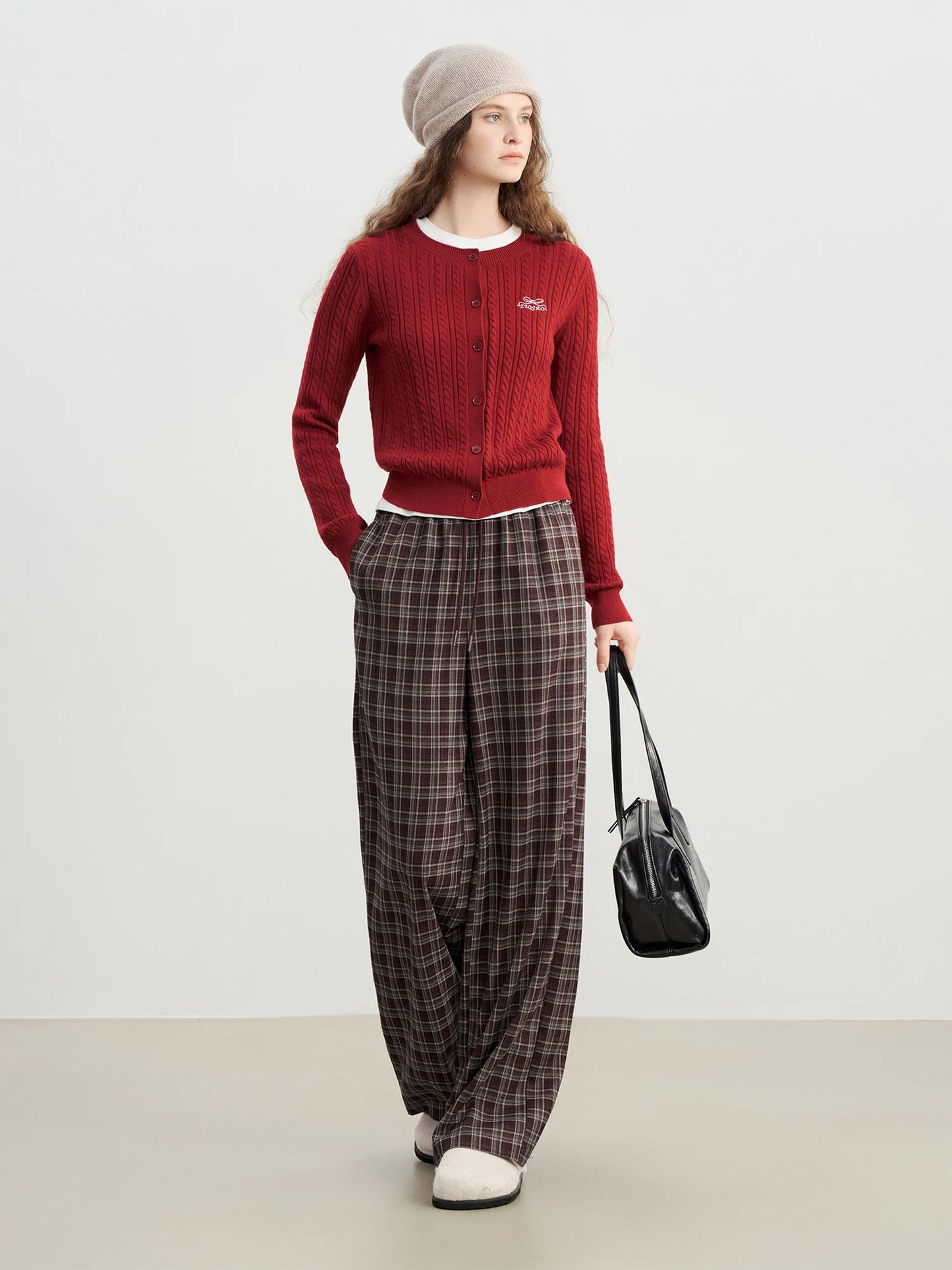Burgundy Plaid Wide Leg Pants