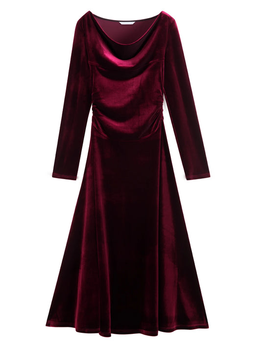 Burgundy Velvet Slash Neck Dress