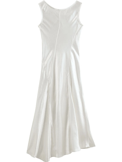 Ivory Satin U-Neck Midi Dress