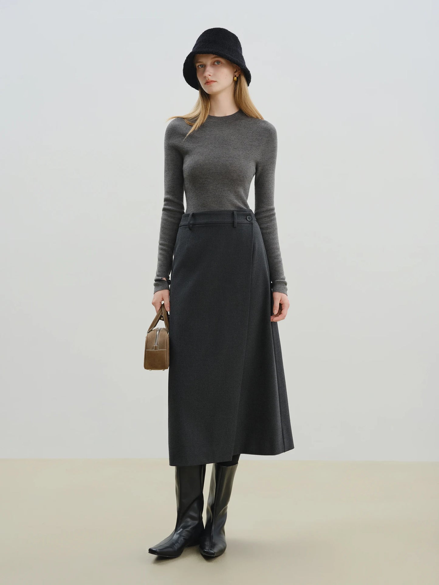 Charcoal Asymmetric Wrap Midi Skirt