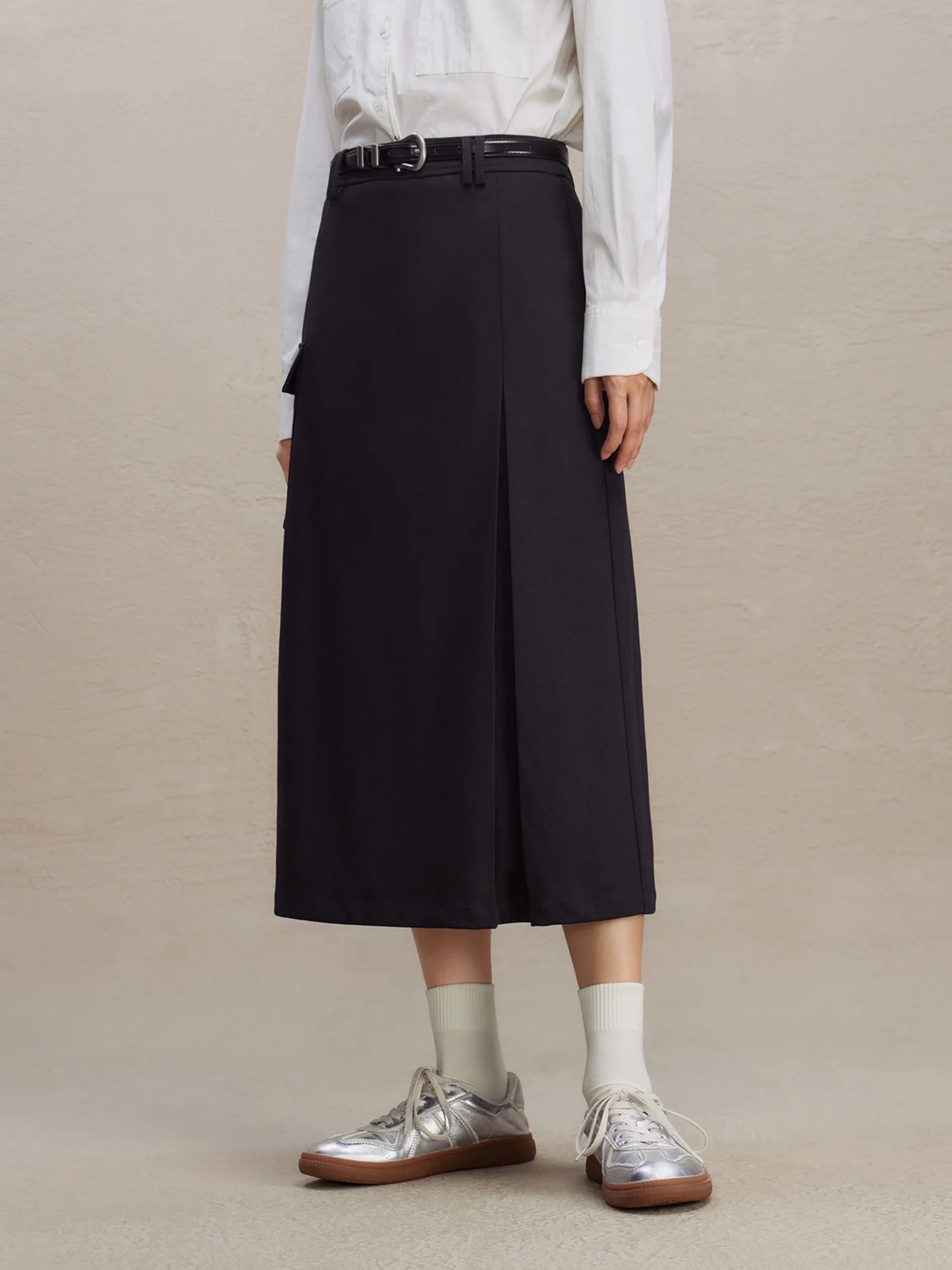 Black Cargo A-Line Midi Skirt