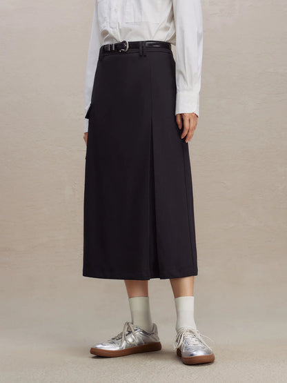 Black Cargo A-Line Midi Skirt