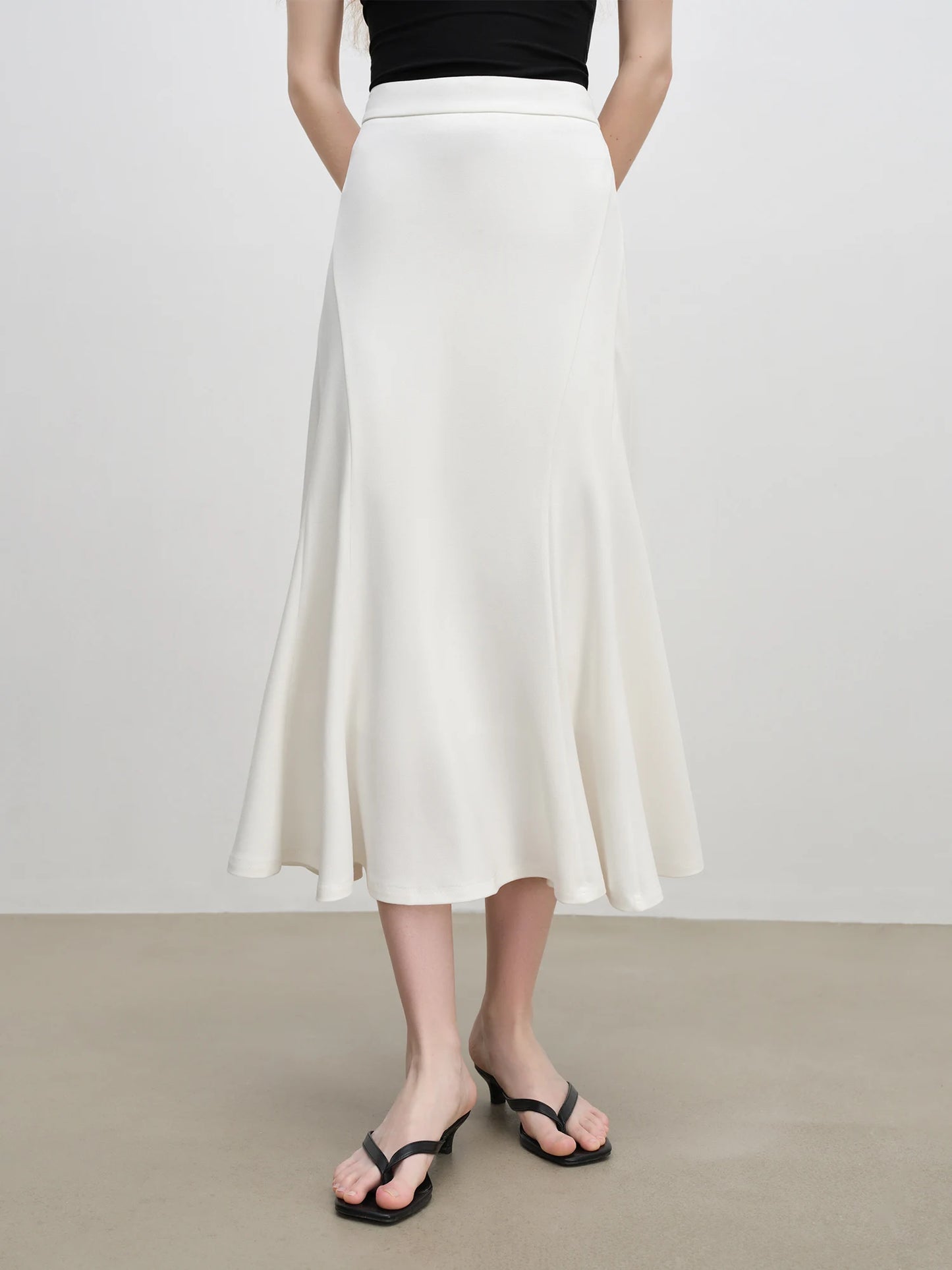 White Fishtail Flared Midi Skirt