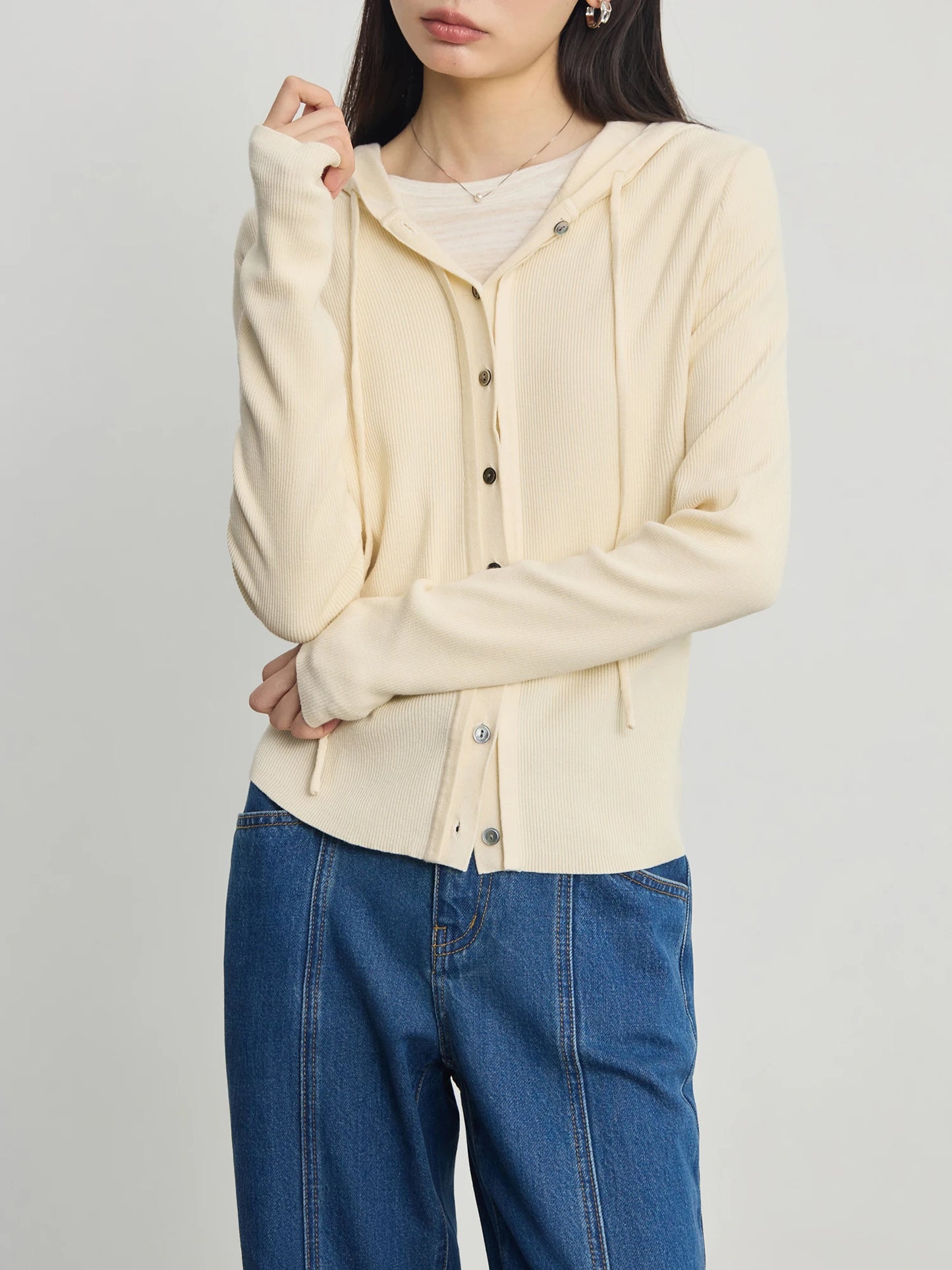Cream Ribbed Button Knit Cardigan