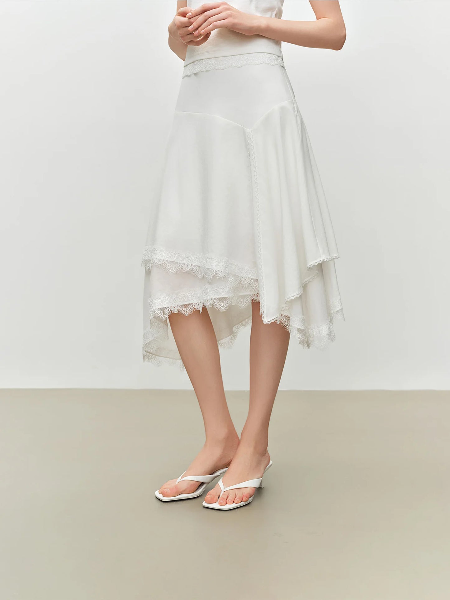 Tan Lace Print Asymmetric Skirt