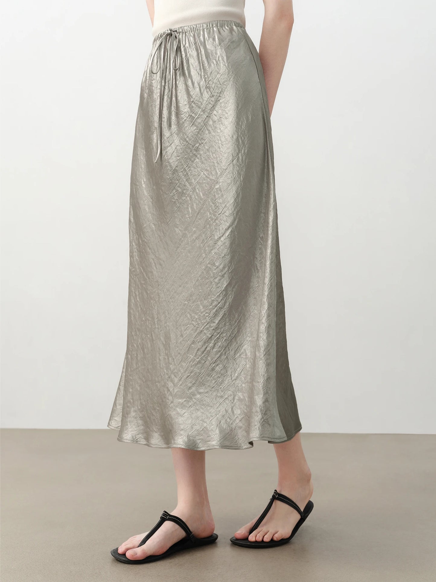 Silver Satin Drawstring Maxi Skirt