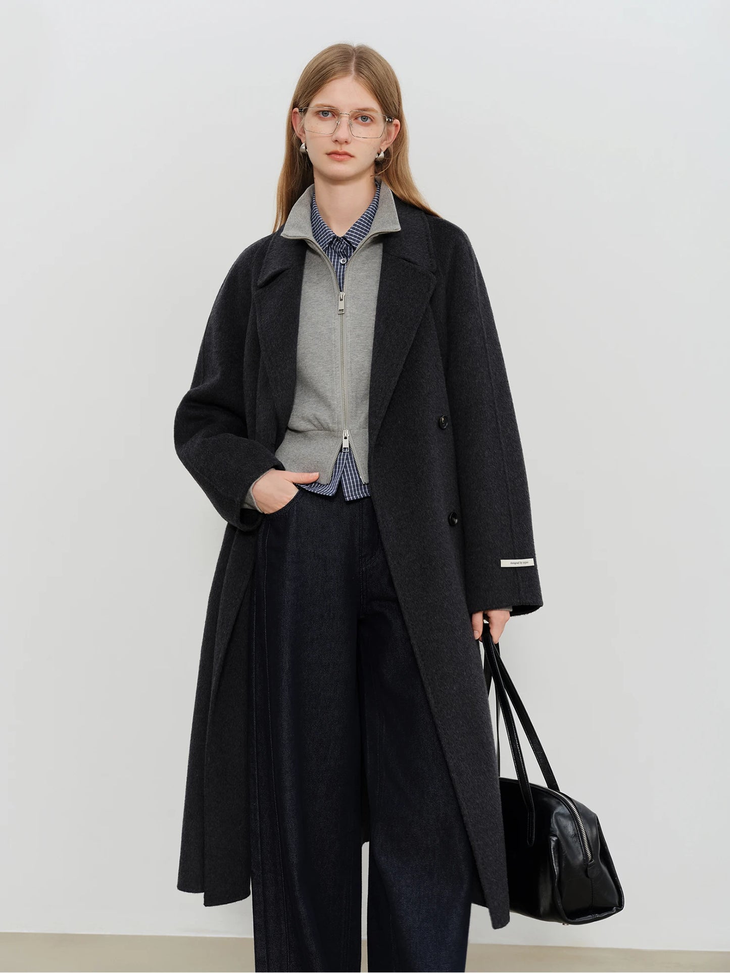Black Belted Lapel Wool Coat