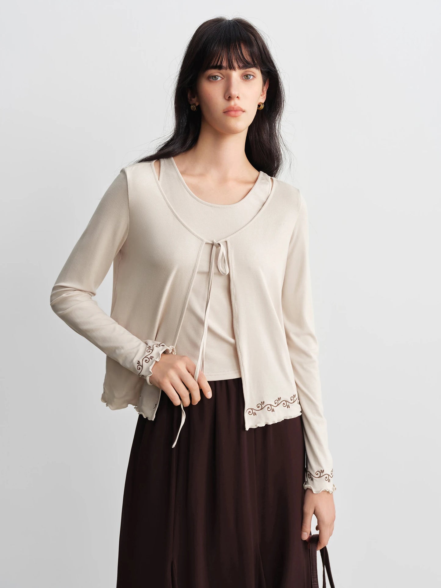 Cream Embroidered Tie Front Cardigan