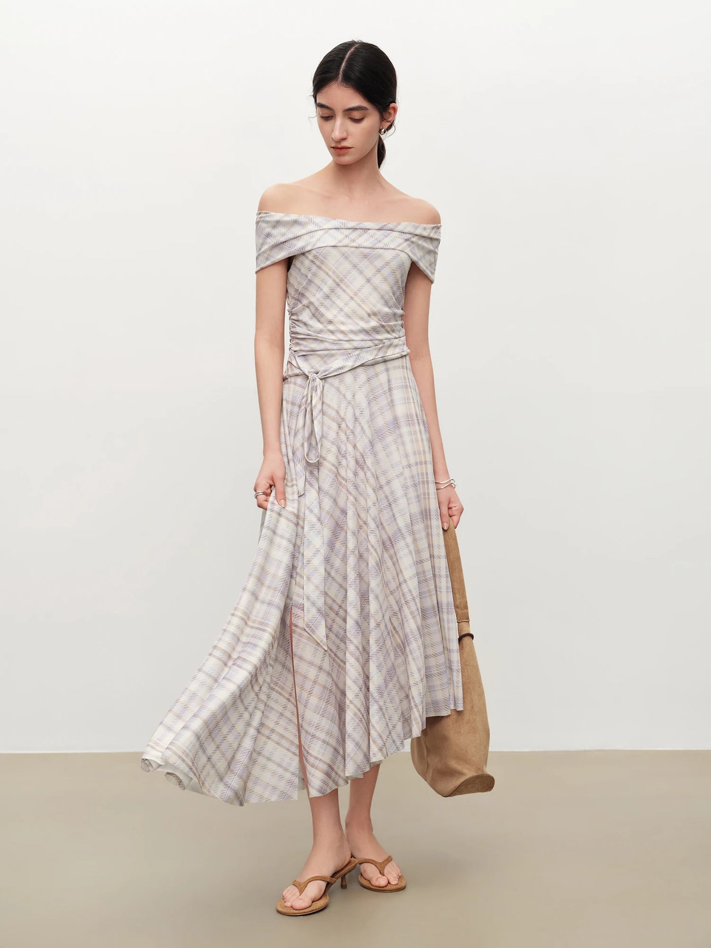 Plaid One Shoulder Midi Dress