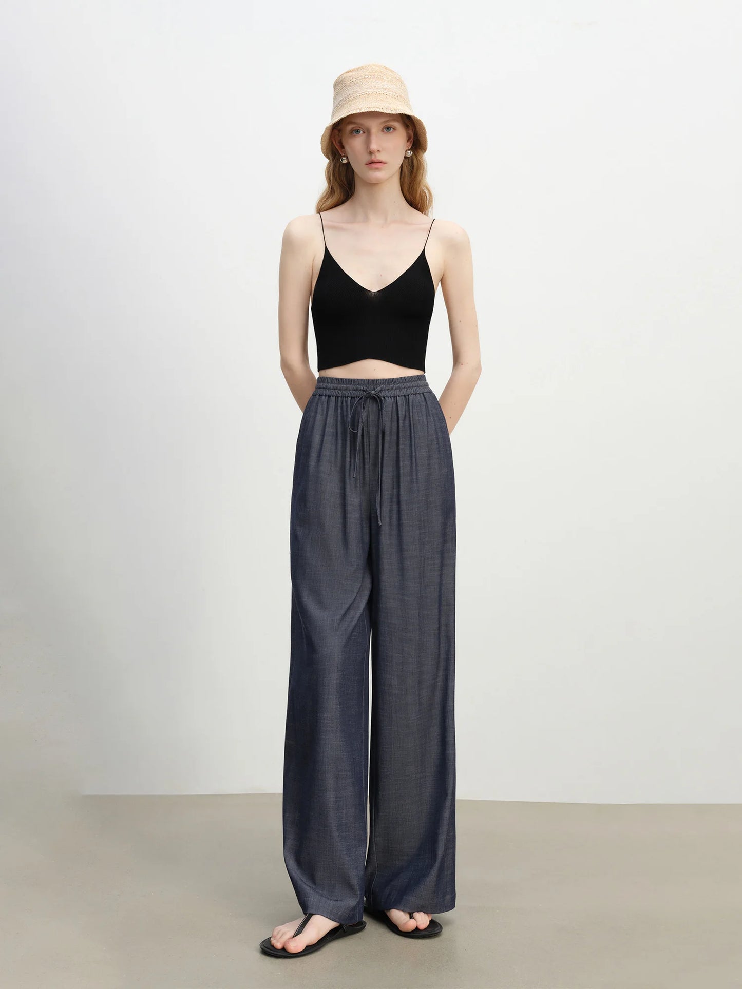 Grey Drawstring Wide Leg Pants