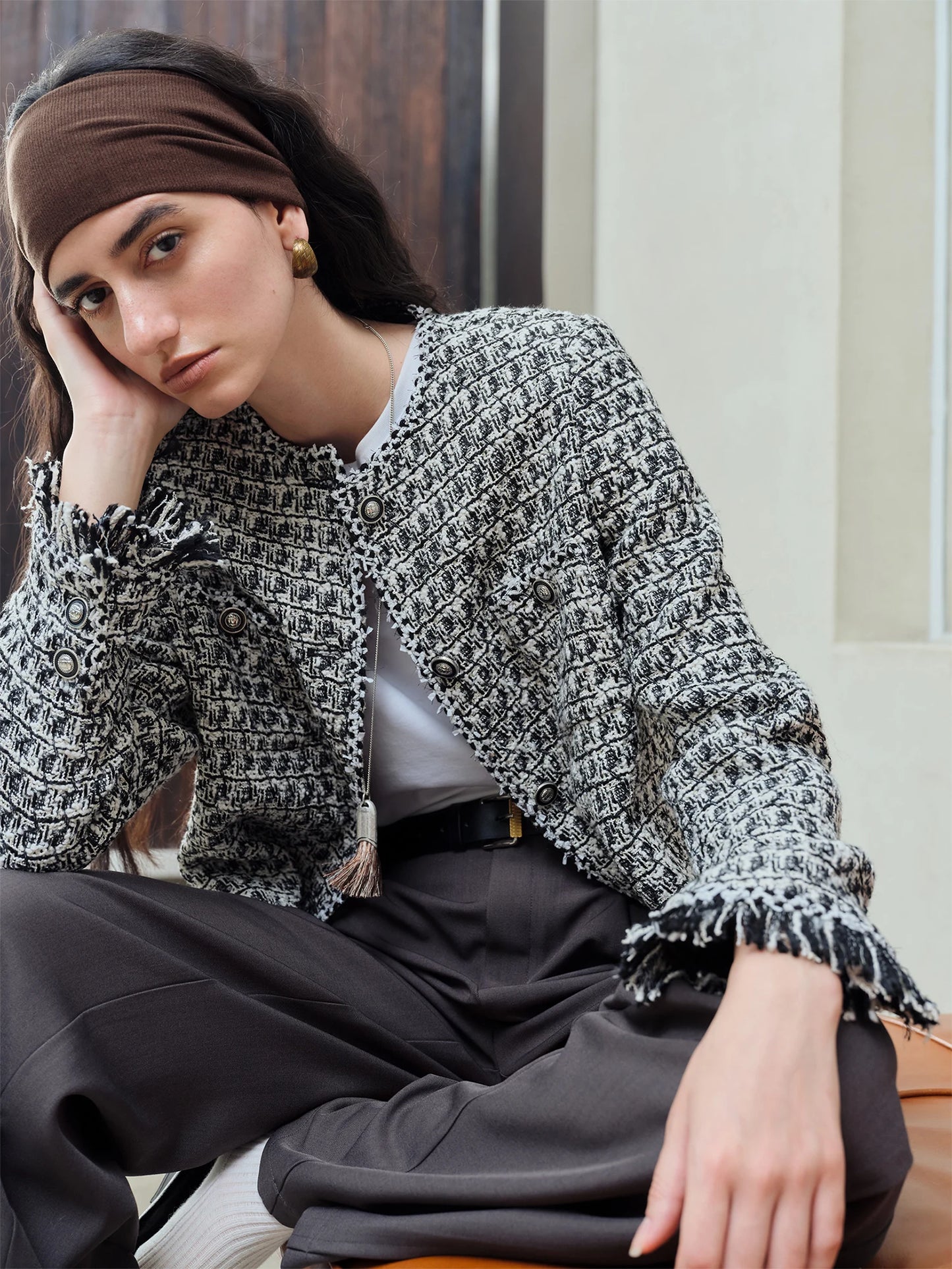 Black White Fringe Tweed Jacket