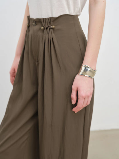 Natural Linen Pleated Wide Pants