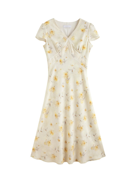 Yellow Floral V-Neck Dress