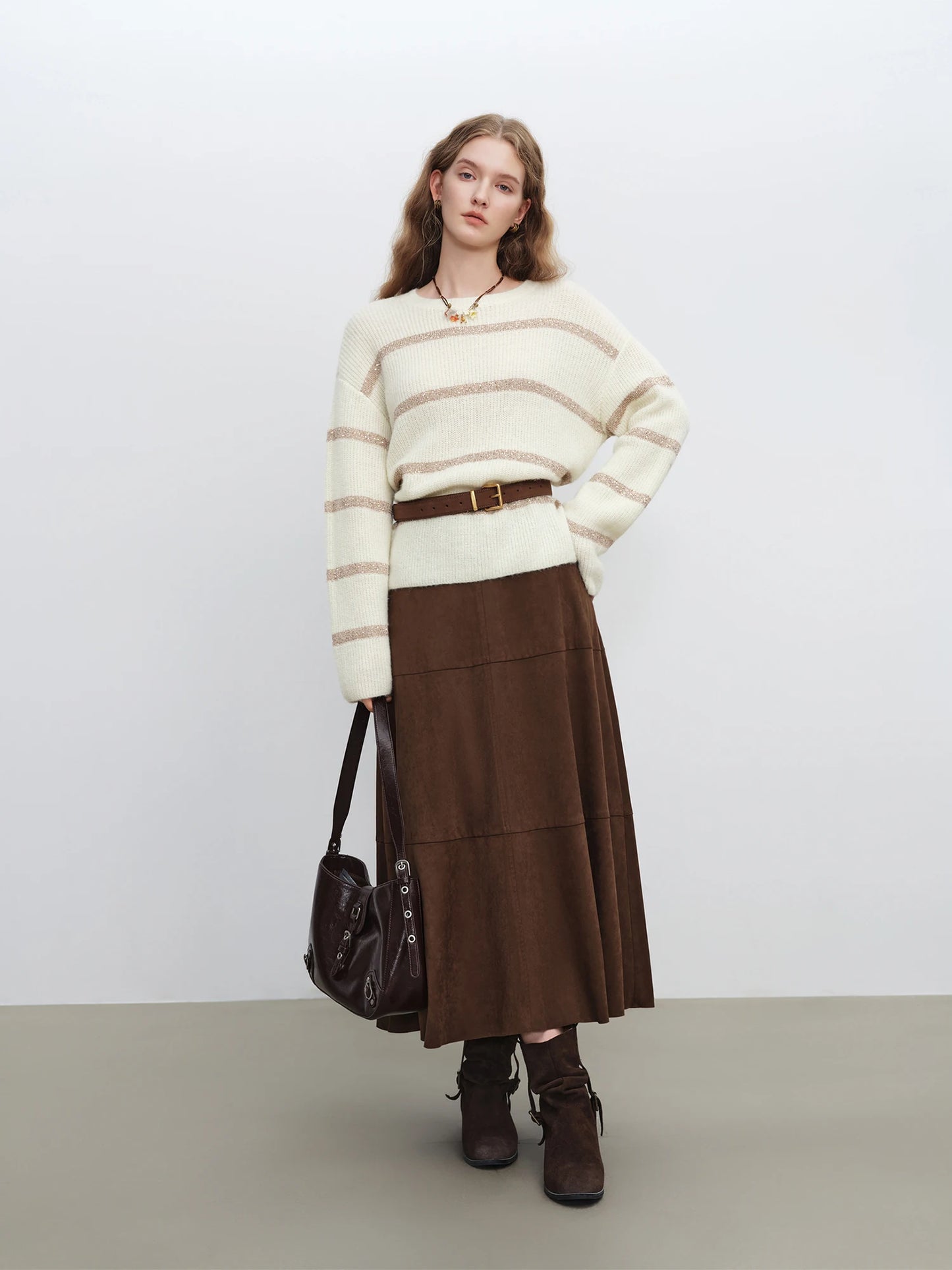 Cream Striped Crew Neck Sweater