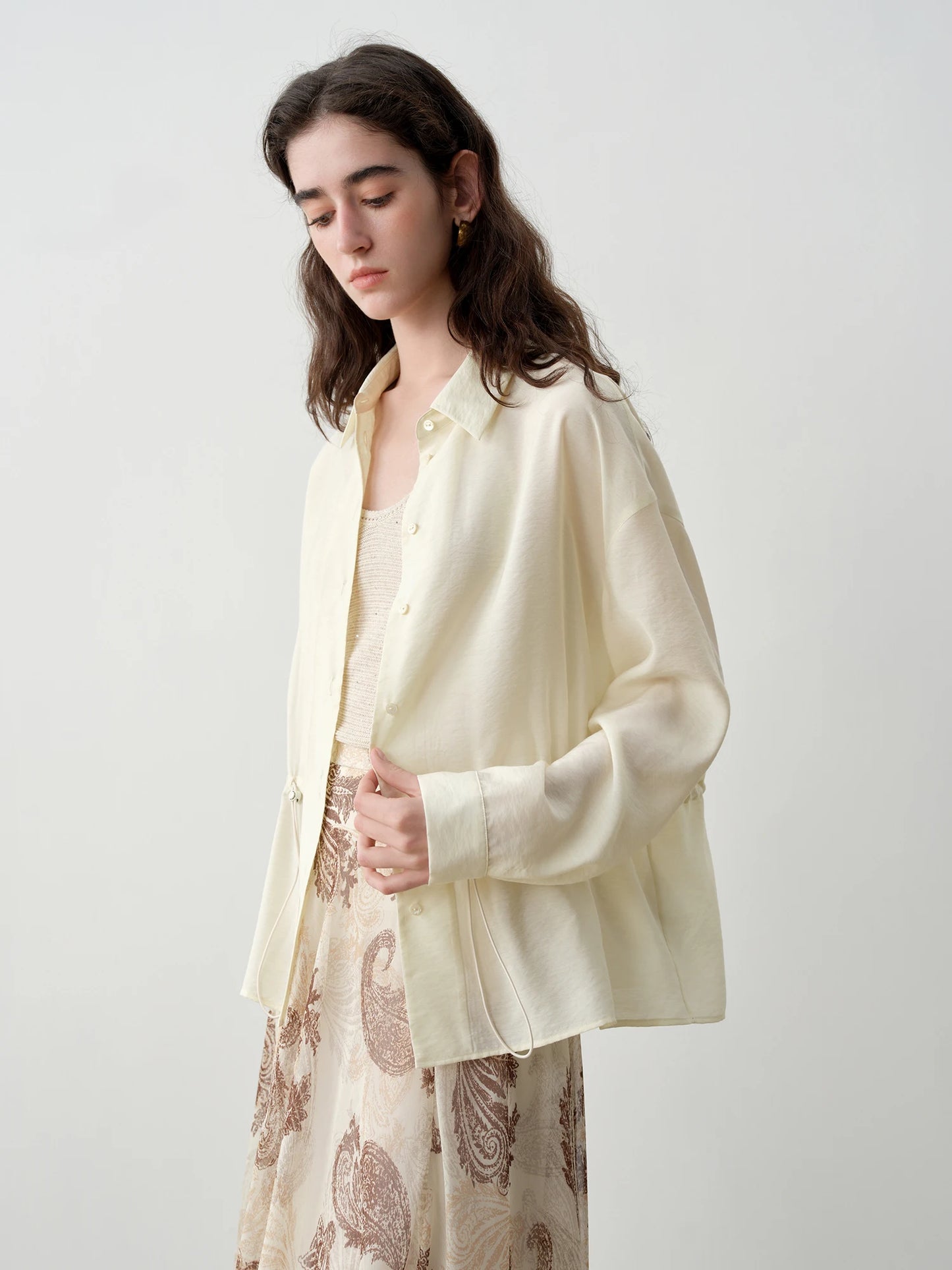 Taupe Gathered Waist Button Shirt