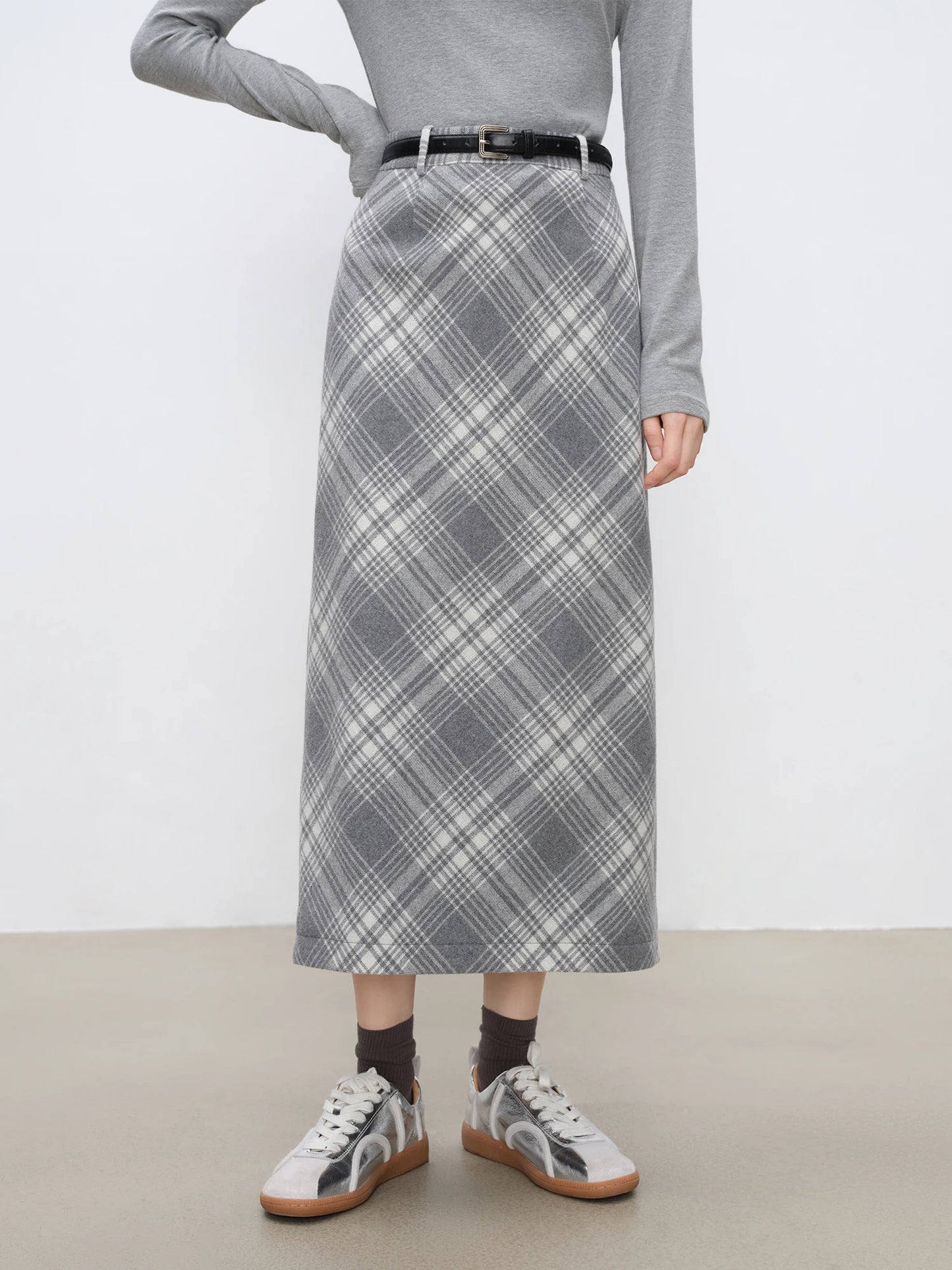 Grey Plaid Straight Midi Skirt