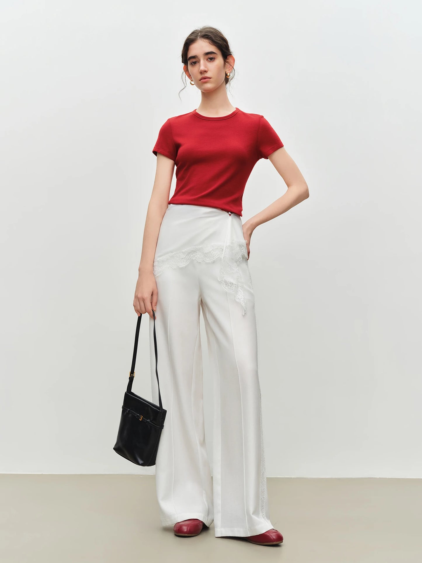 White Lace Trim Wide Leg Pants