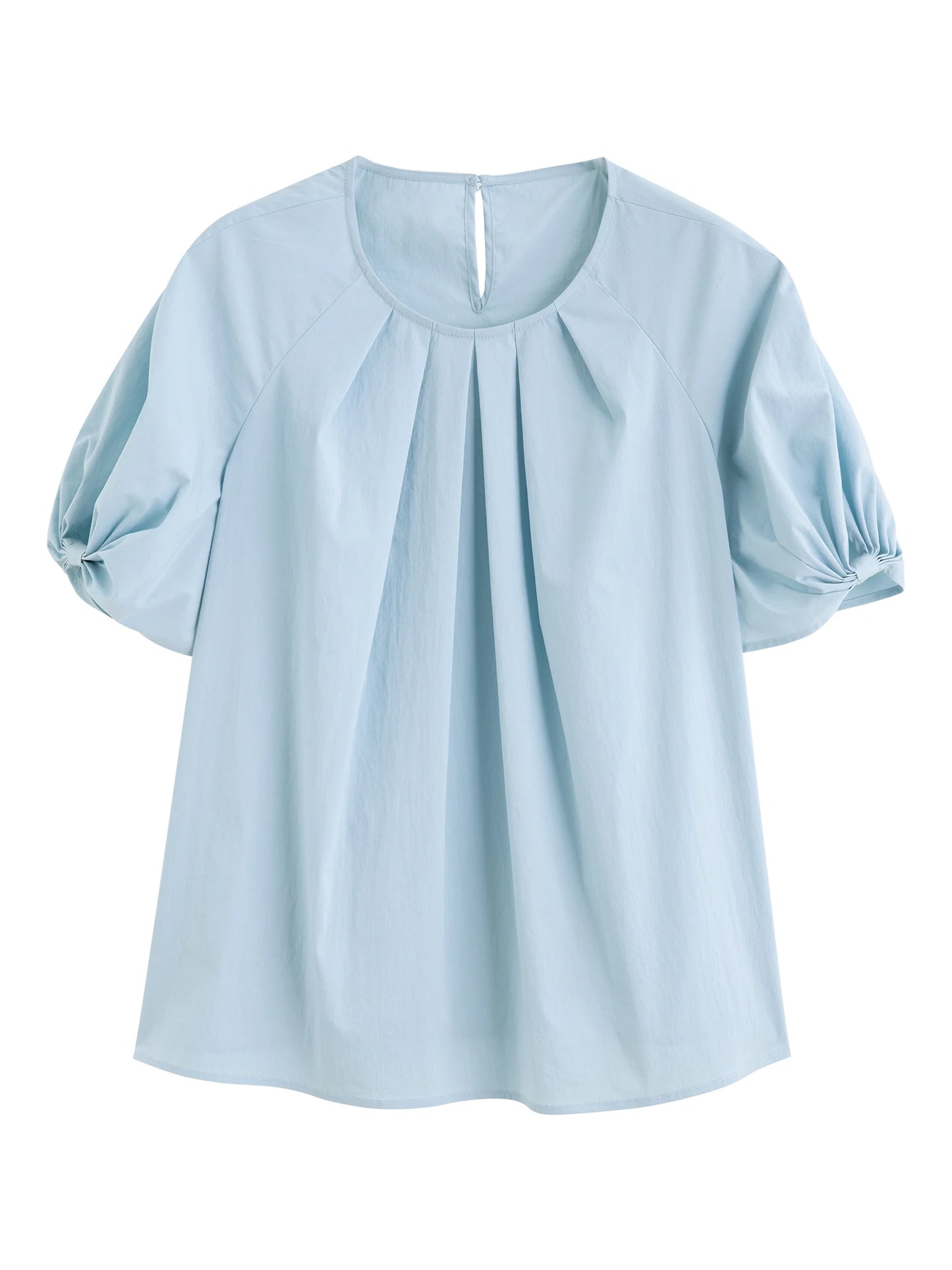 Blue Pleated Puff Sleeve Blouse