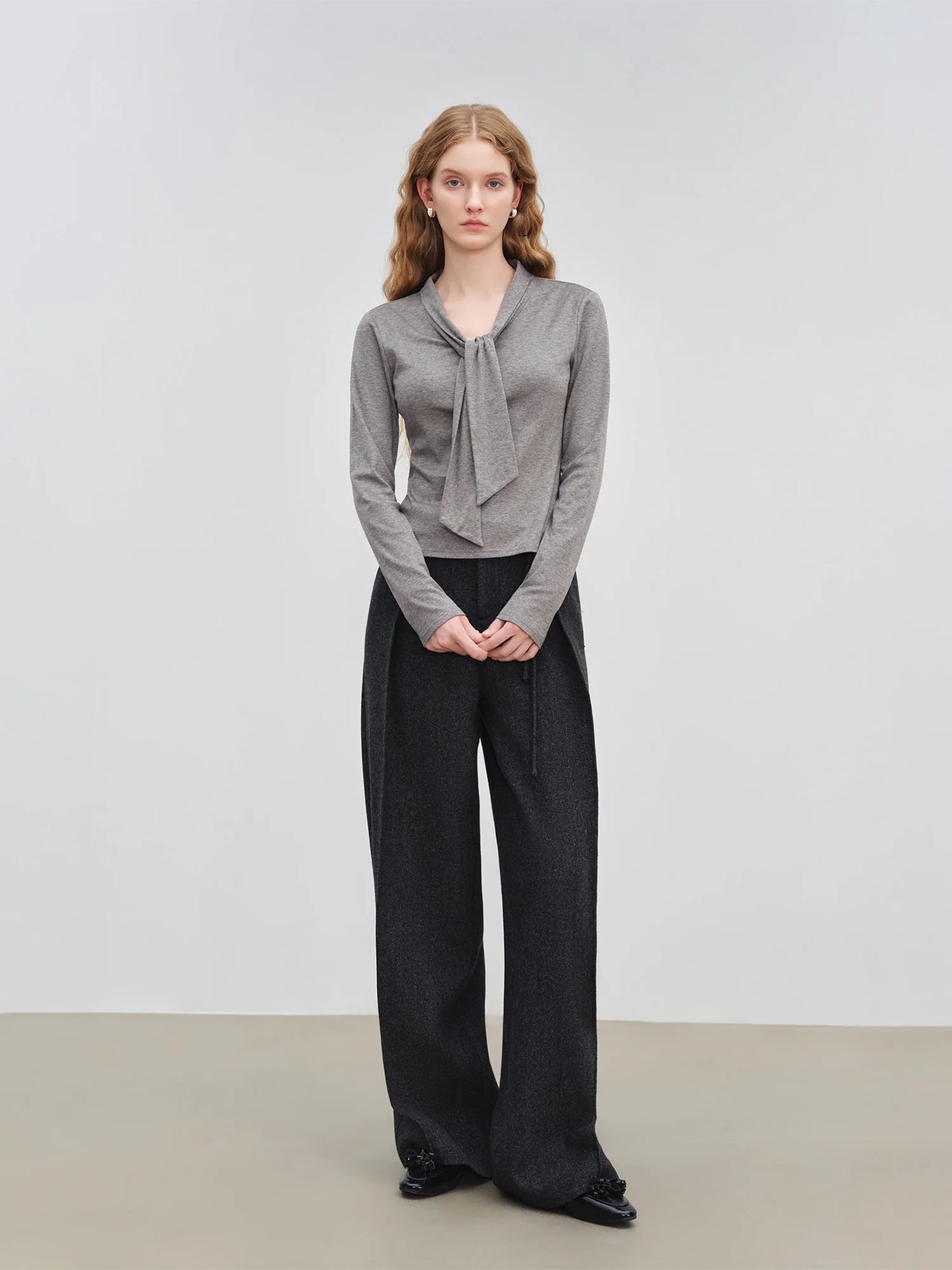 Charcoal Wool Drawstring Wide Pants