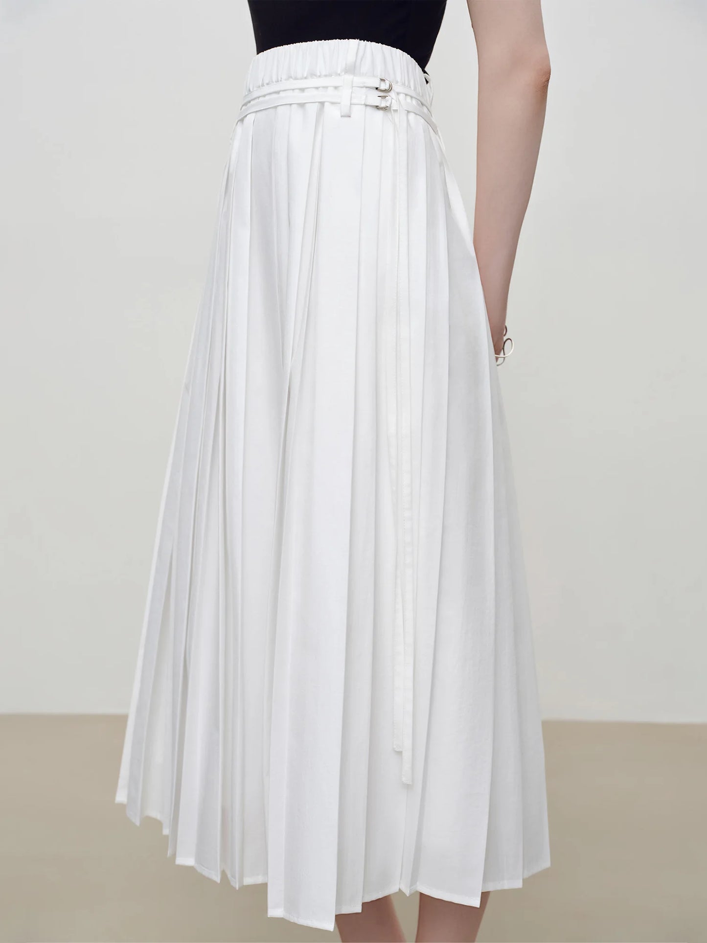 White Double Belt Pleated Midi Skirt