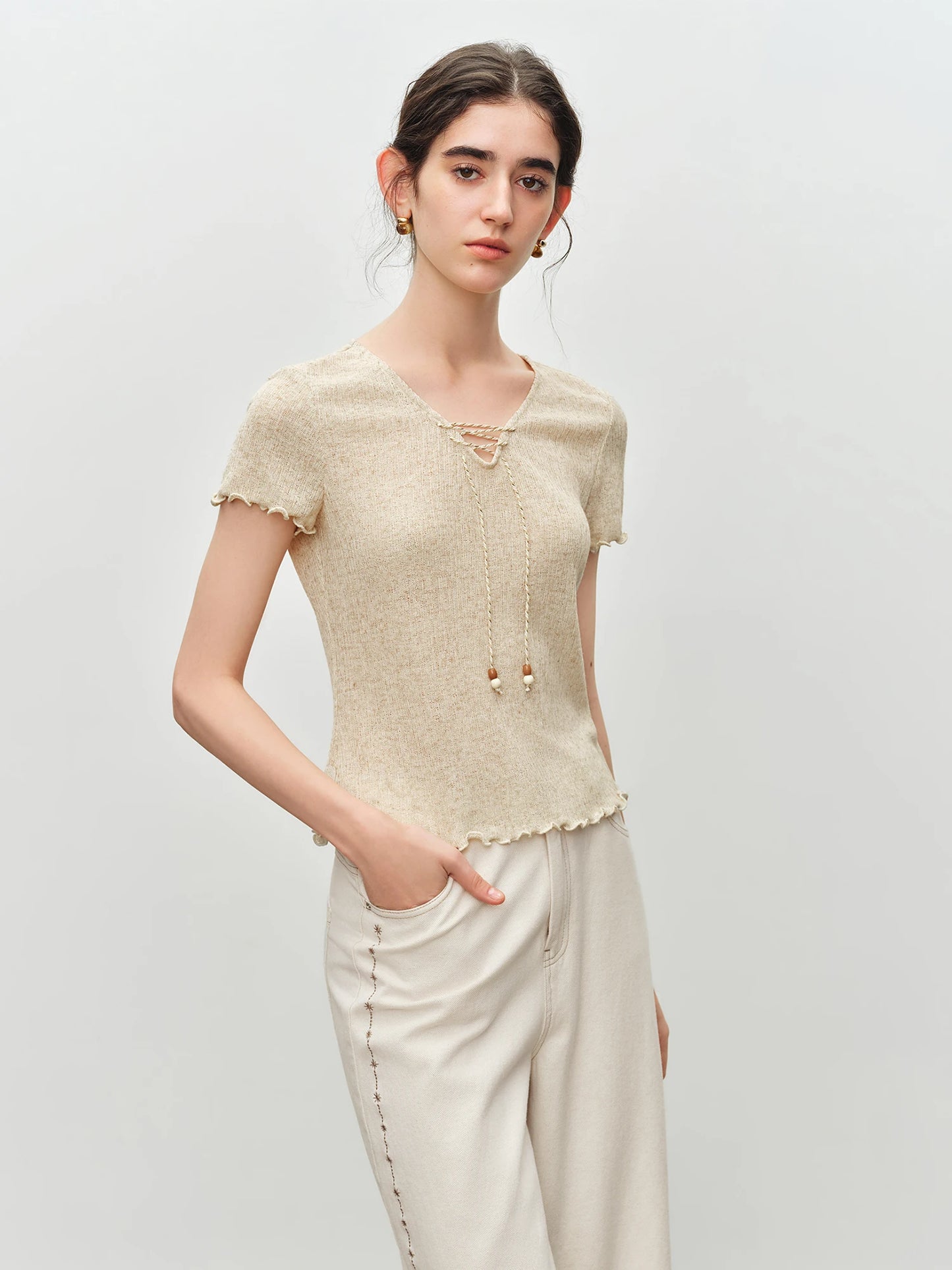 Oatmeal Lace Up Knit Top
