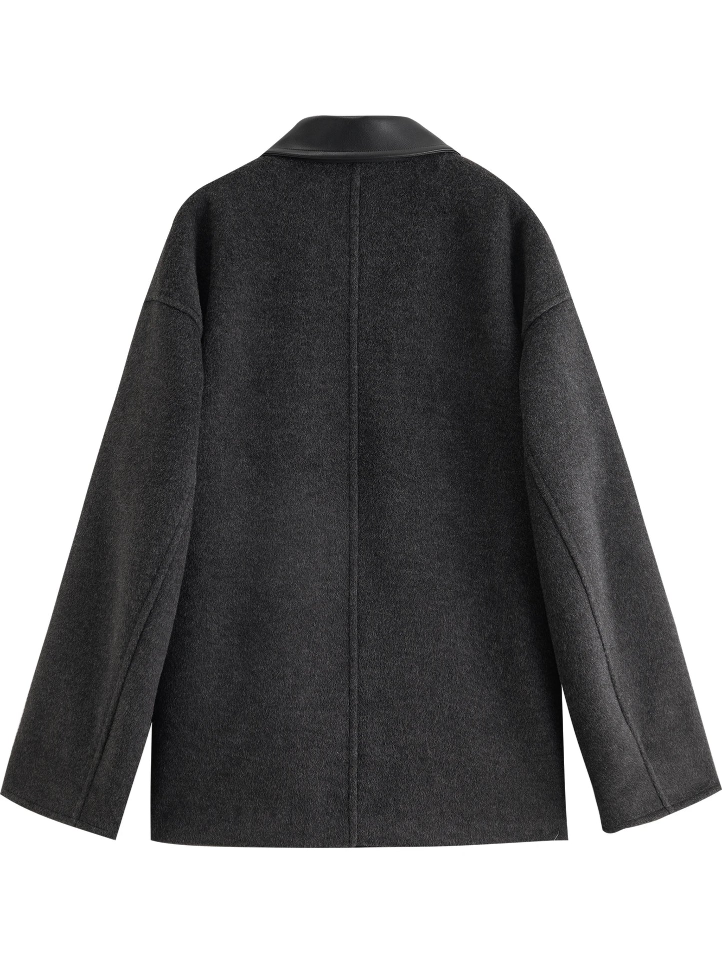 Black Leather Collar Wool Coat