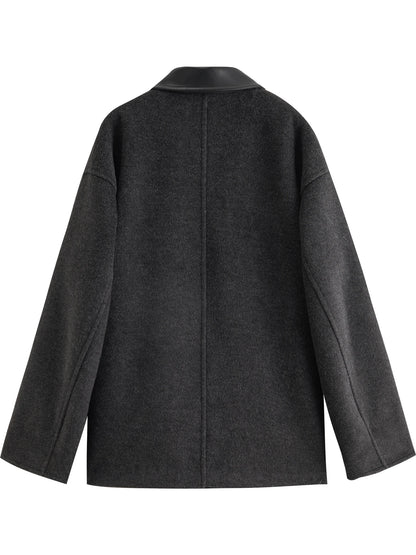 Black Leather Collar Wool Coat