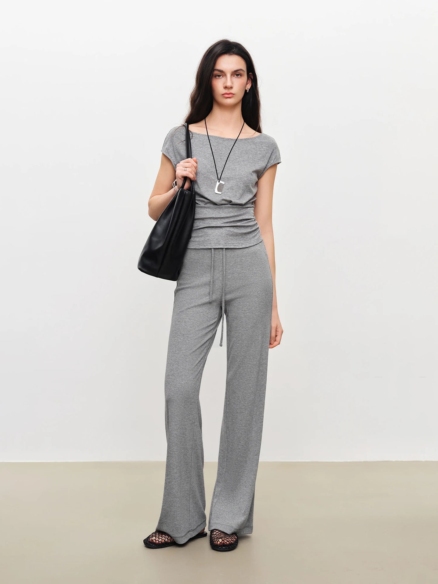Gray Pleated Waist Boat Neck Top