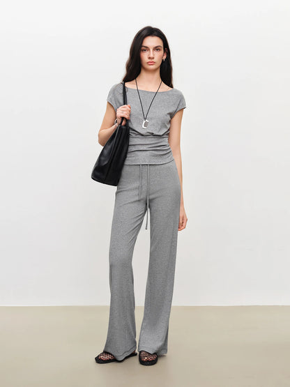 Gray Pleated Waist Boat Neck Top