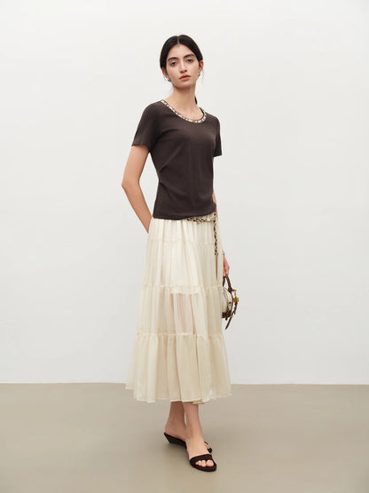 Beige Beaded Neckline Tee