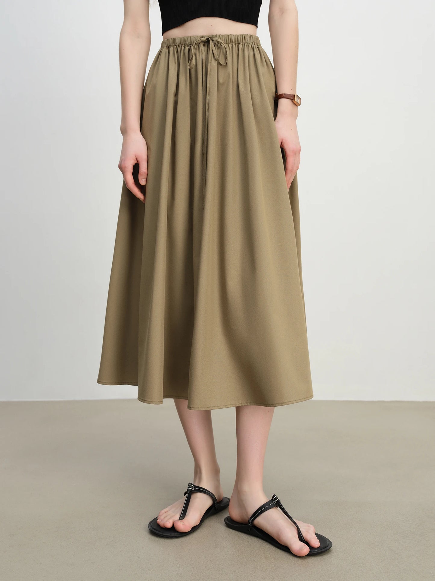Taupe Drawstring A-Line Midi Skirt