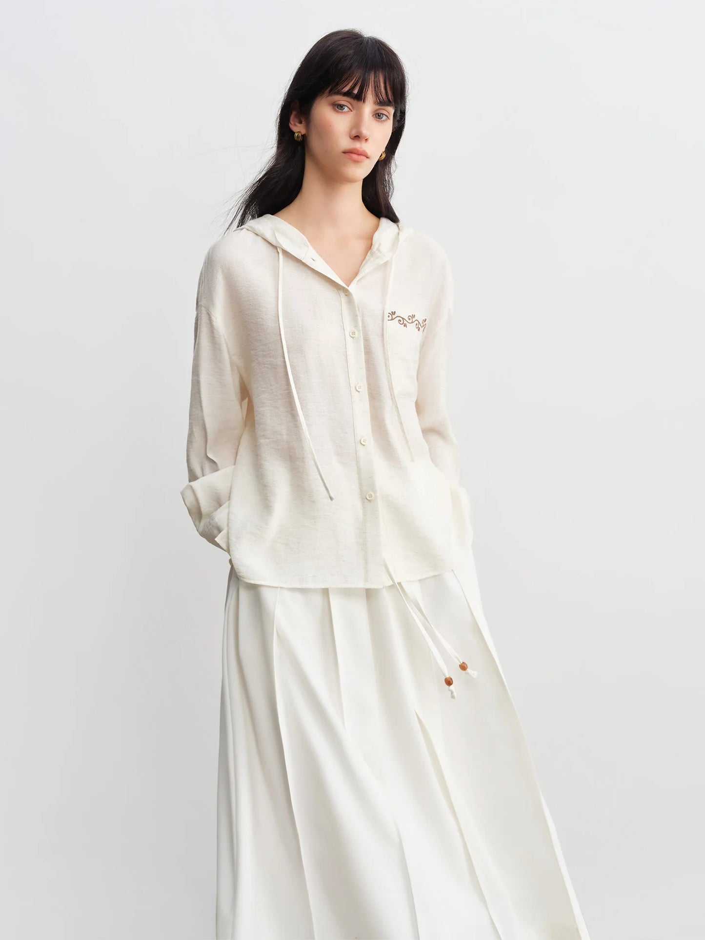 Ivory Embroidered Hooded Blouse