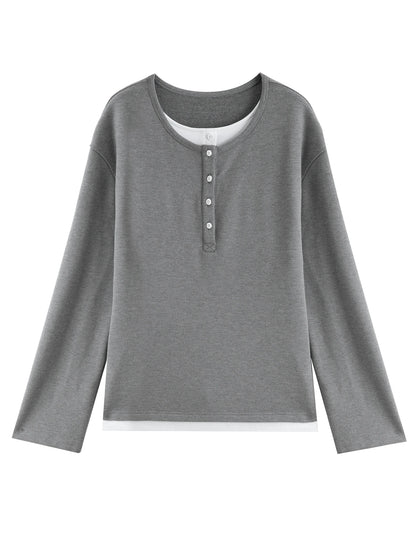 Black Layered Henley Long Sleeve Top
