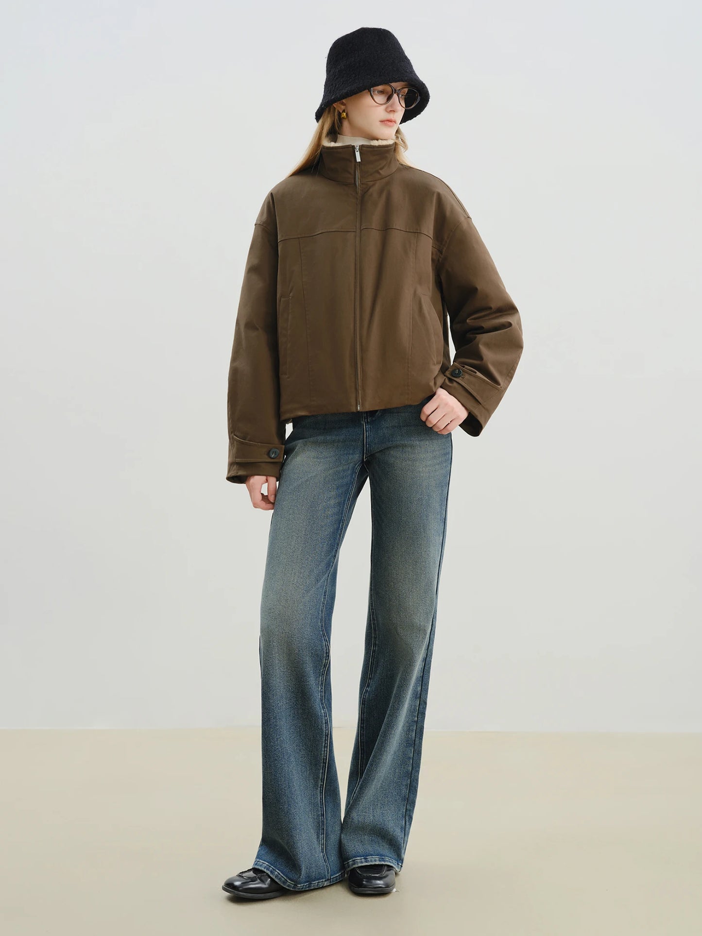 Brown Shearling Collar Zip Jacket