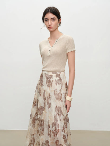 Beige Sequin Knit Henley Top