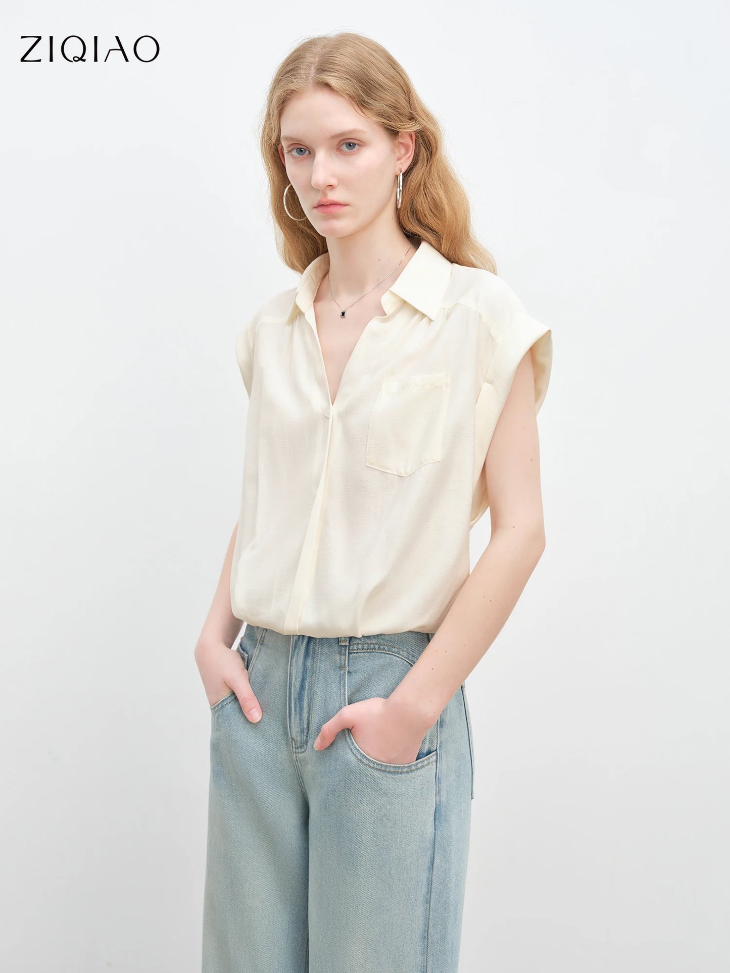 Pale Blue Tie Hem Sleeveless Shirt
